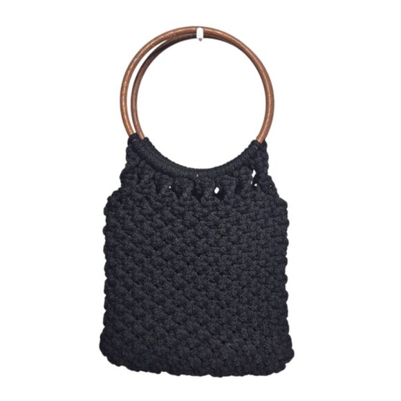 Vintage 60s 70s Black Macrame Woven Wood Handle Bag - Picture 1 of 5